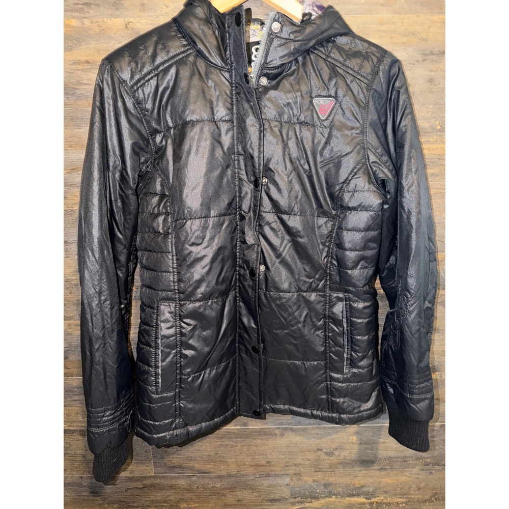 Fox Racing Womens Black Quilted Puffer Jacket Hooded Snap Front 56029 Size M